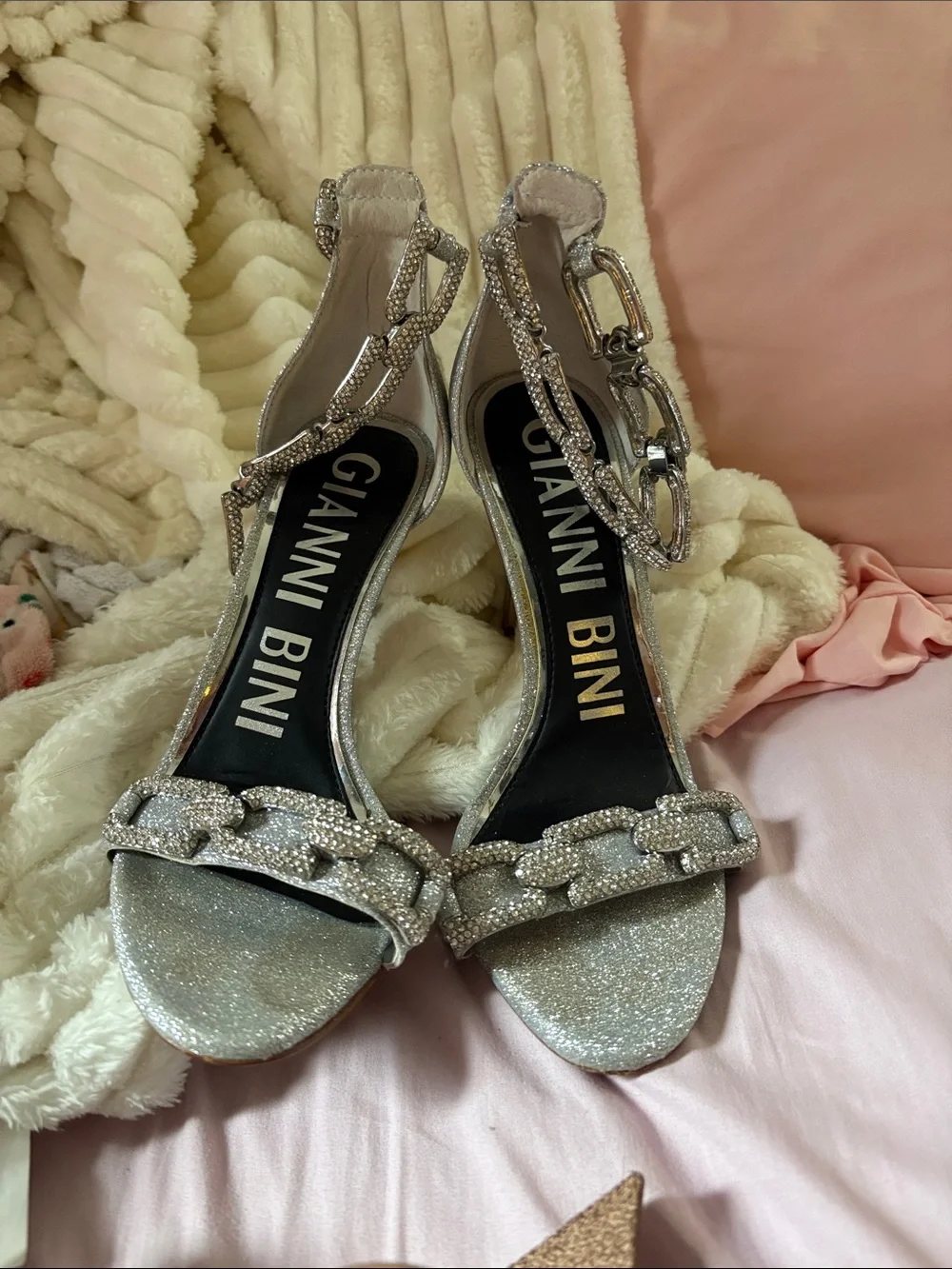 Gianni Bini Silver Glitter Chain-Accent Ankle Strap Heels